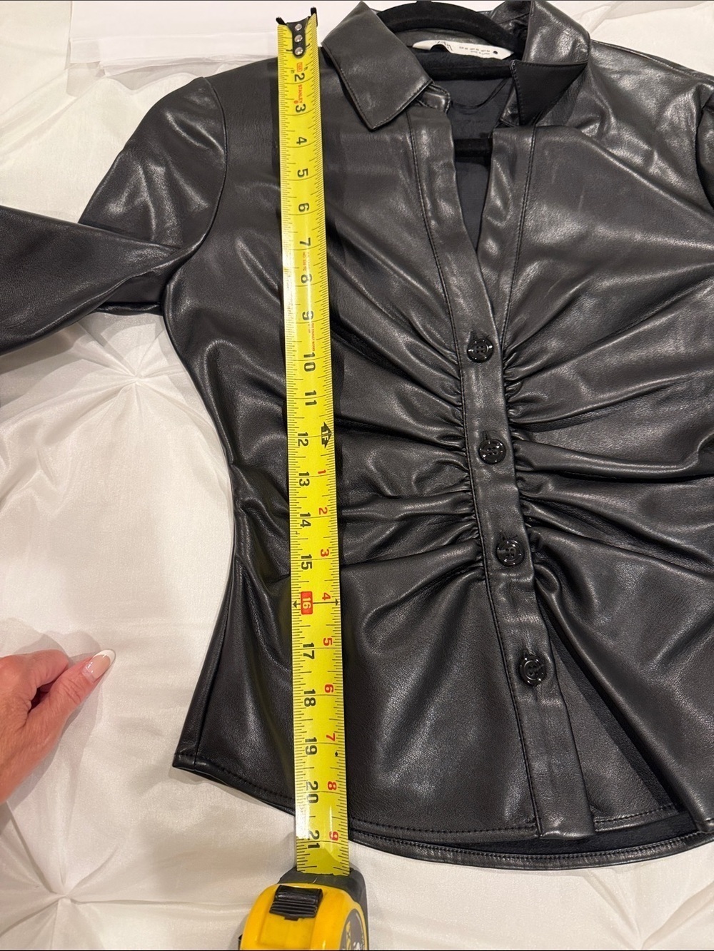 Zara Black Faux Leather Button-Up Shirt with Point Collar Size XS - Picture 7 of 7